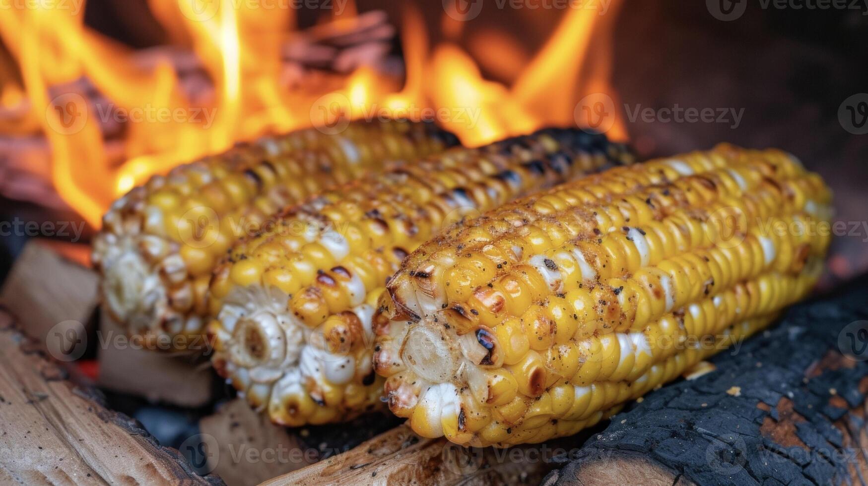 deze knus maïs Aan de maïskolf is een kampvuur favoriete inschrijving en zoet met een licht hint van rokerigheid van wezen gekookt in de haard. geborsteld met toegeeflijk eh en dienen foto