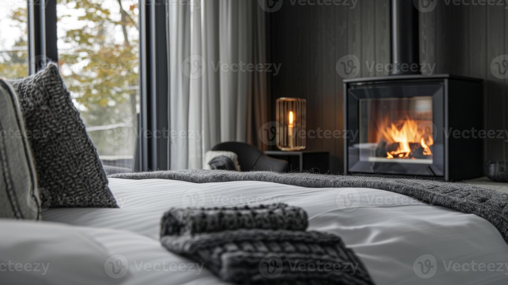 de bed en ontbijten knus haard brengt een tintje van warmte en comfort naar de strak en modern interieur ontwerp van de kamer. 2d vlak tekenfilm foto