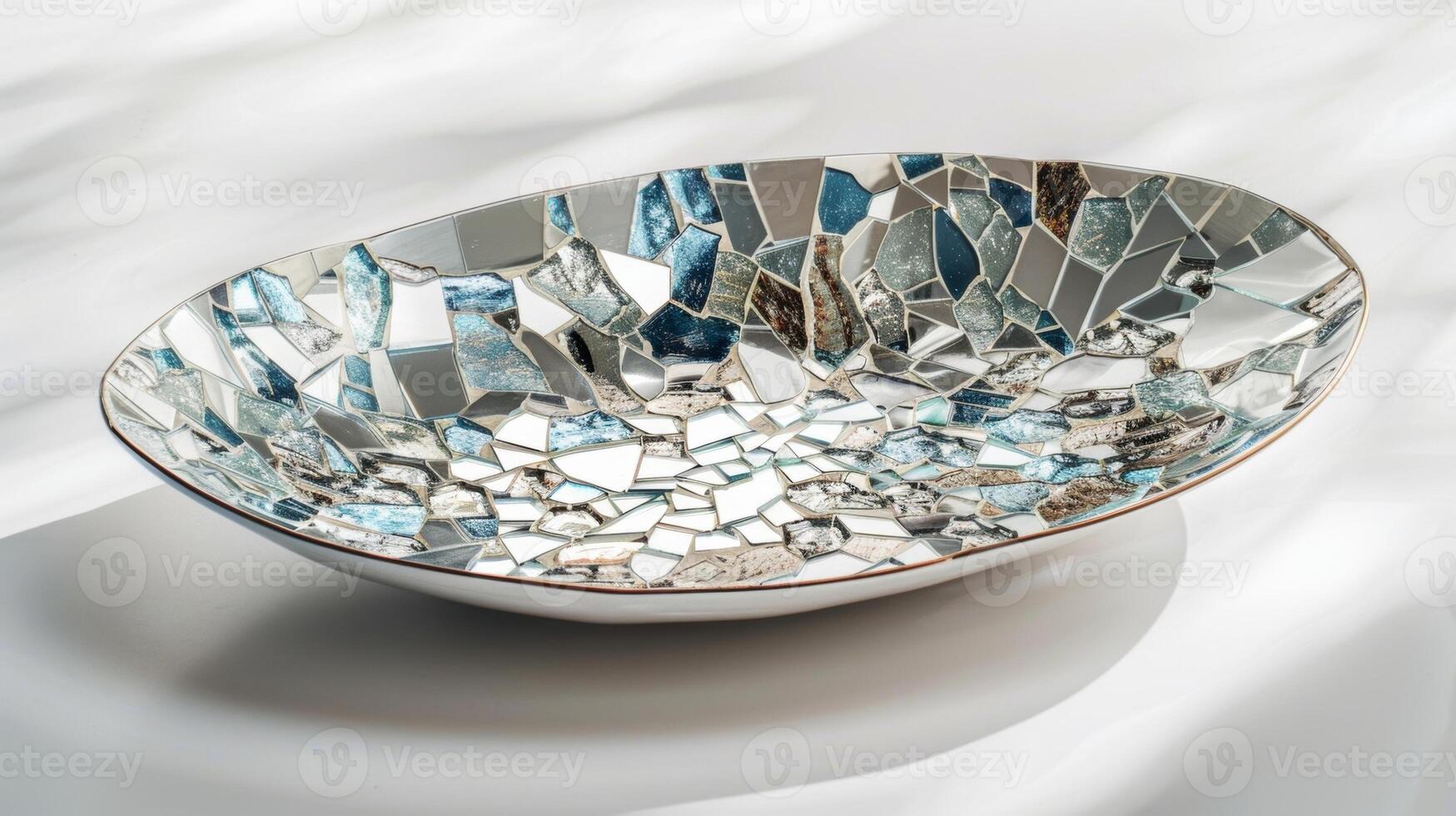 een keramisch portie schotel versierd met stukken van gebroken spiegel en mozaïek- tegels creëren een verbijsterend en reflecterende middelpunt. foto