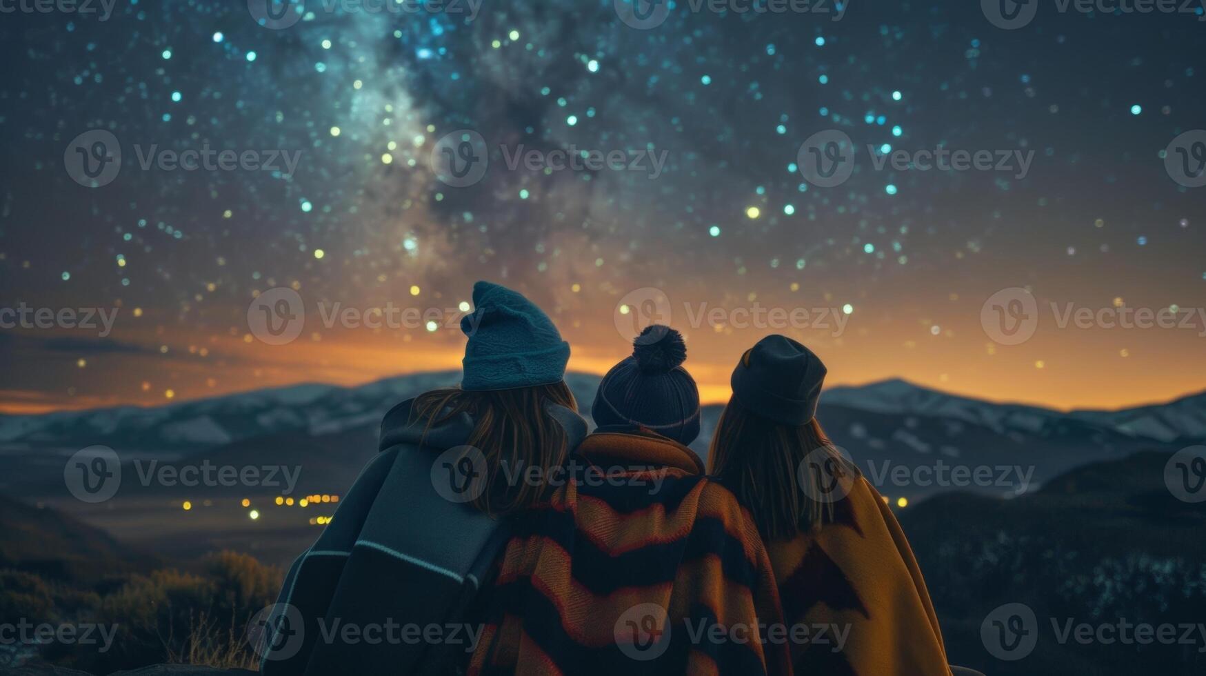 vrienden kruipen samen verpakt in warm dekens net zo ze wonder Bij de schoonheid van de sterrenbeelden bovenstaand foto