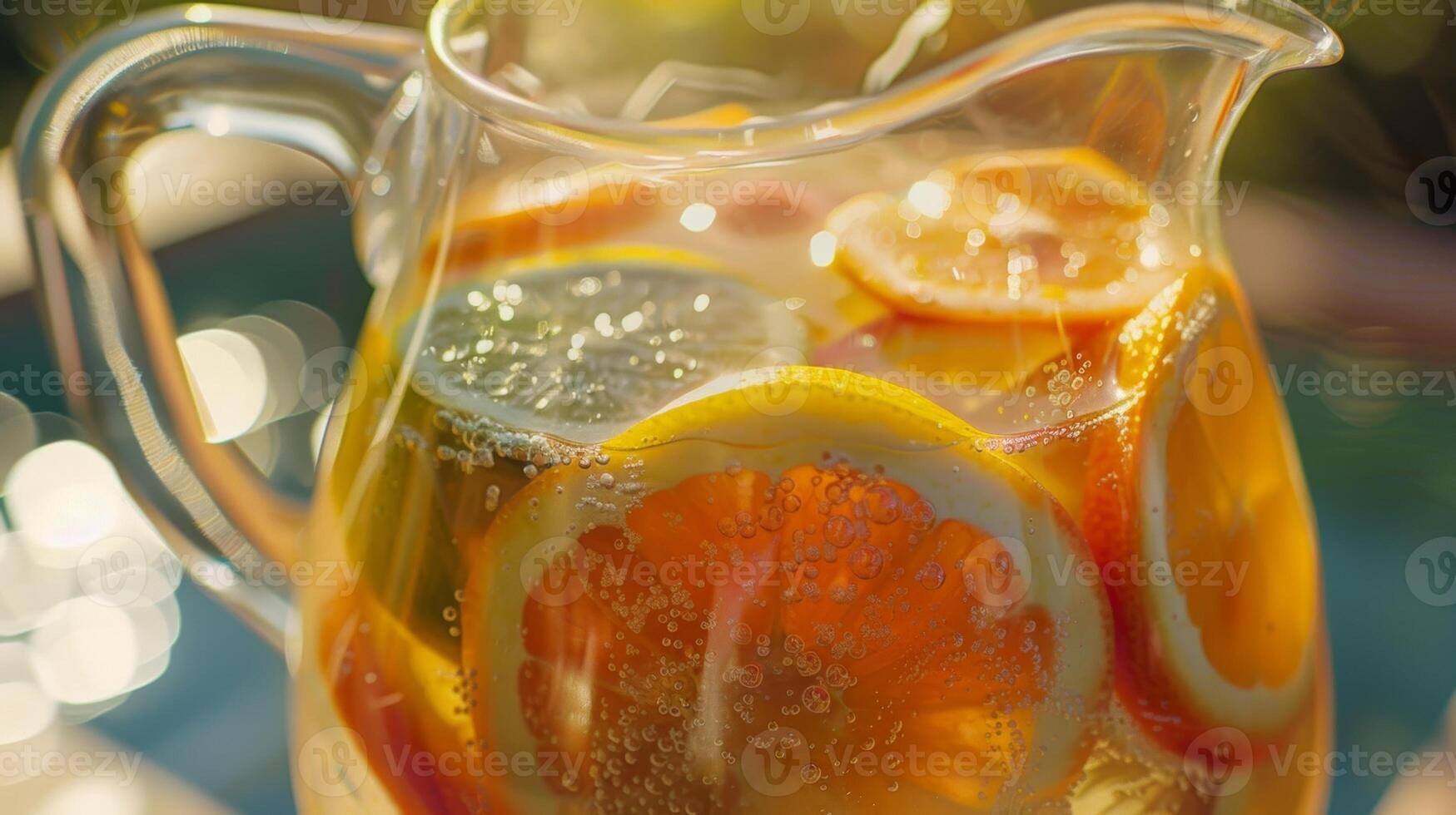 een verfrissend werper van limonade met plakjes van citrus fruit drijvend binnen foto