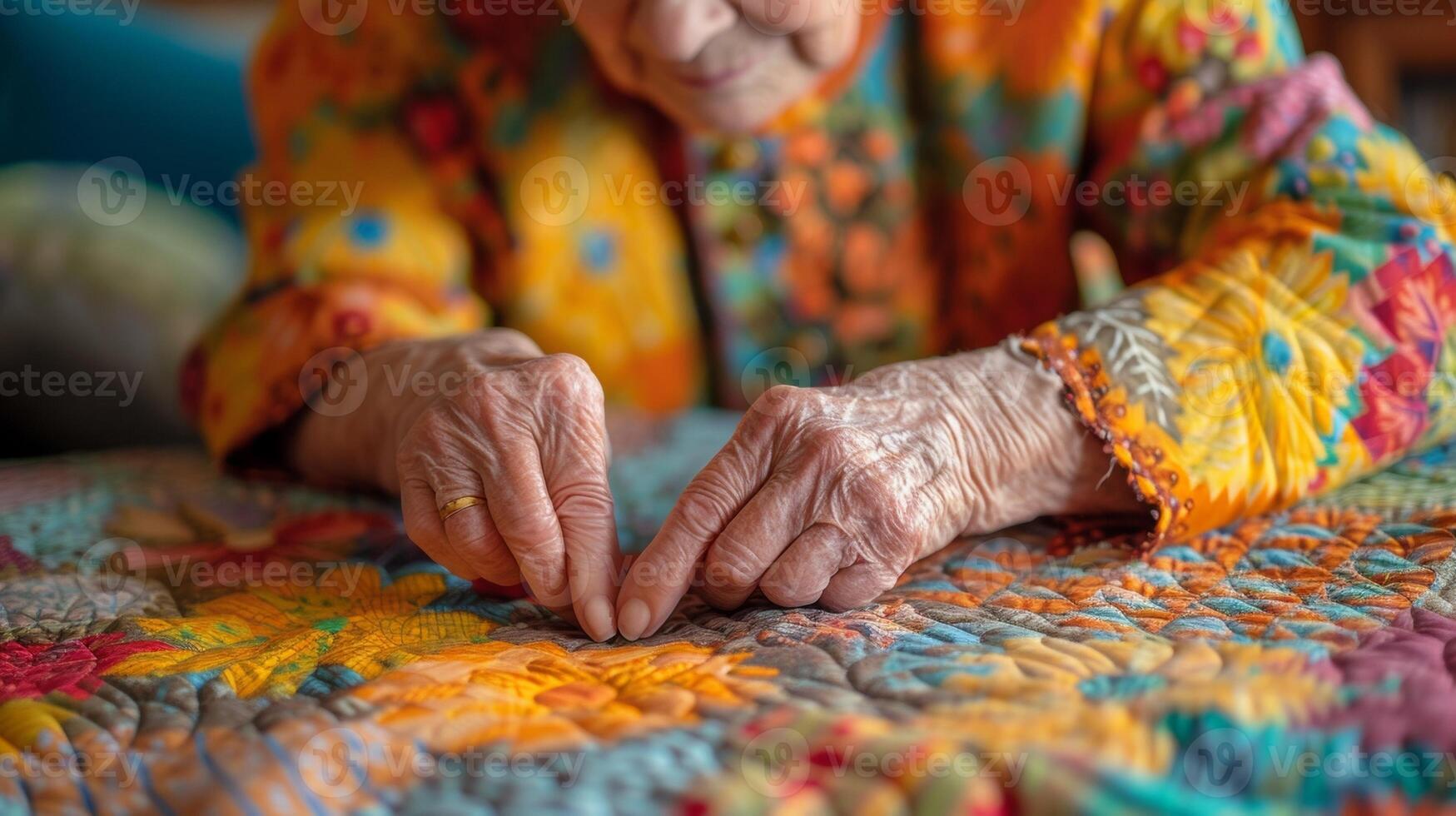 met stabiel handen en een enthousiast oog voor detail een ouderen quilter hechtingen samen een mooi verhaal Aan kleding stof een reflectie van haar levens reis foto