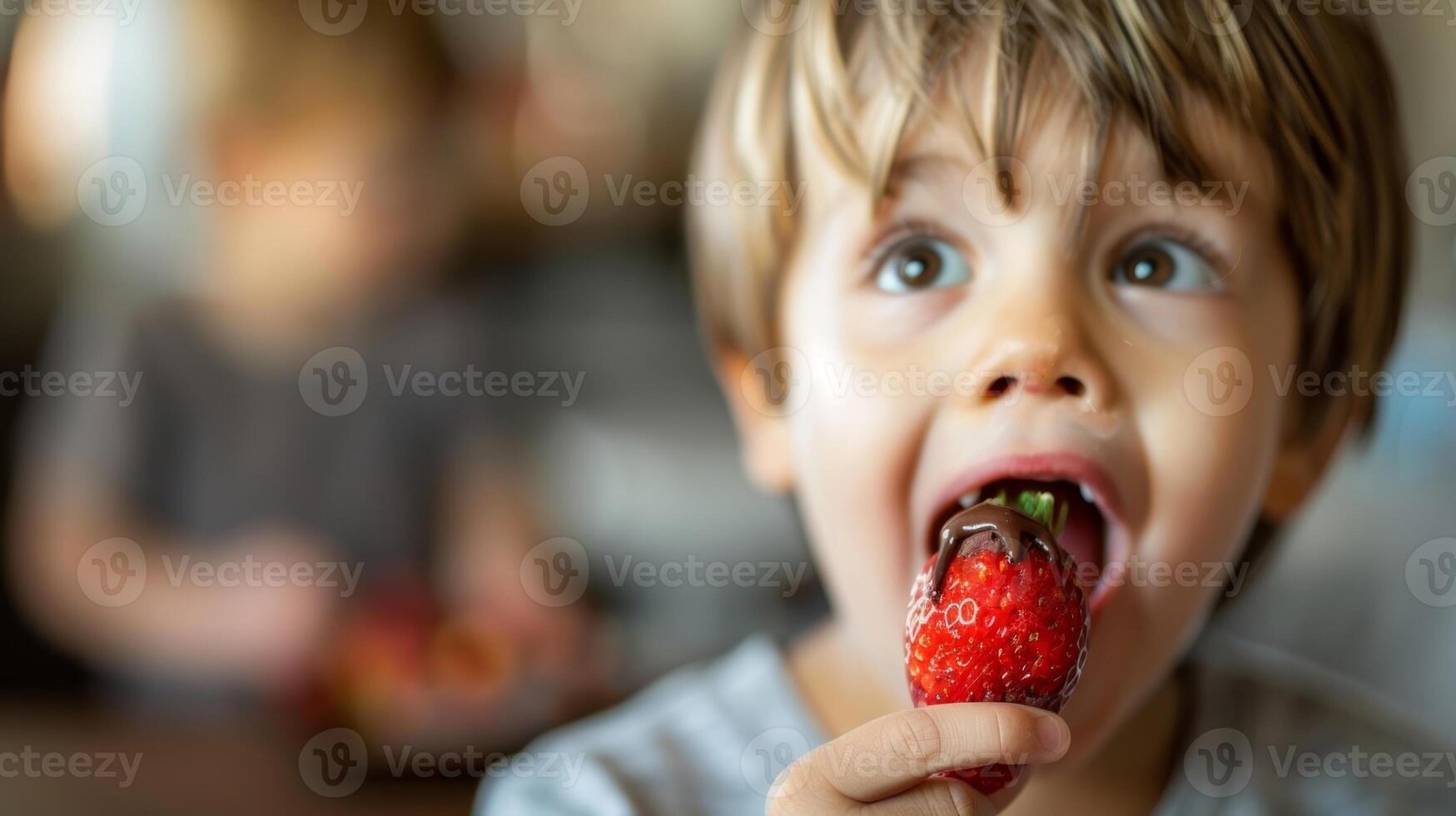 een jong jongen houdt een chocola gedoopt aardbei zijn ogen verbreding in verrassing net zo hij smaakt de niet verwacht barsten van smaak van de chocola coating foto