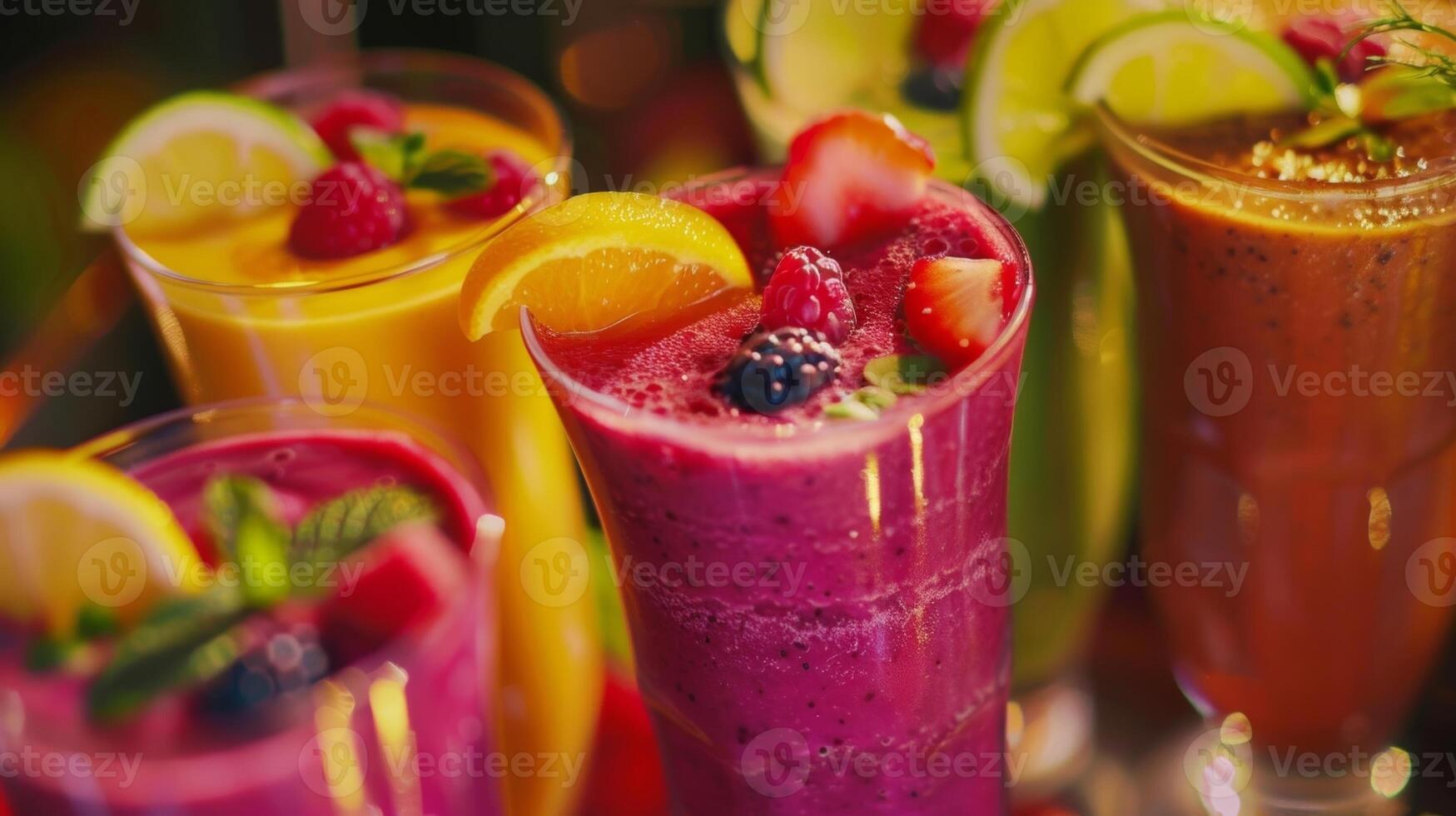 een levendig smoothie maken wedstrijd tussen lokaal ondernemingen gebruik makend van vers ingrediënten en presentatie van voedzaam recepten foto