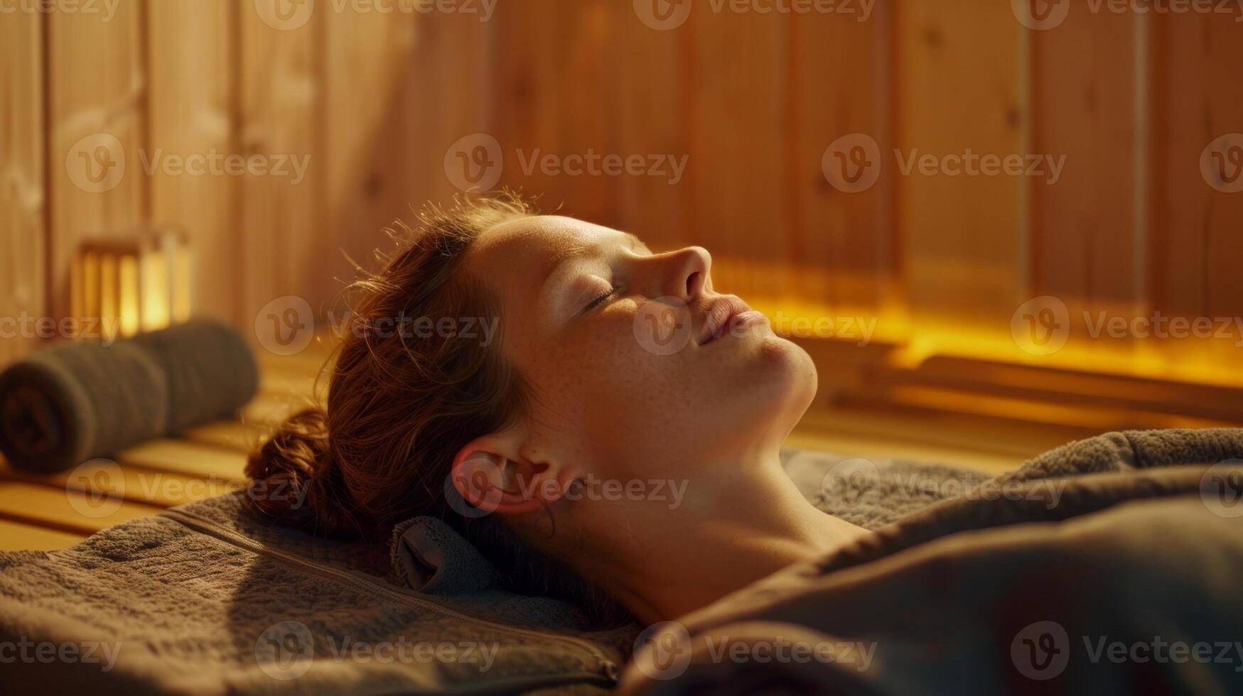 een vrouw aan het liegen Aan een mat in de sauna haar ogen Gesloten en een sereen uitdrukking Aan haar gezicht terwijl beoefenen ademen technieken dat kan helpen gevecht de uitputting en zwakheid veroorzaakt foto