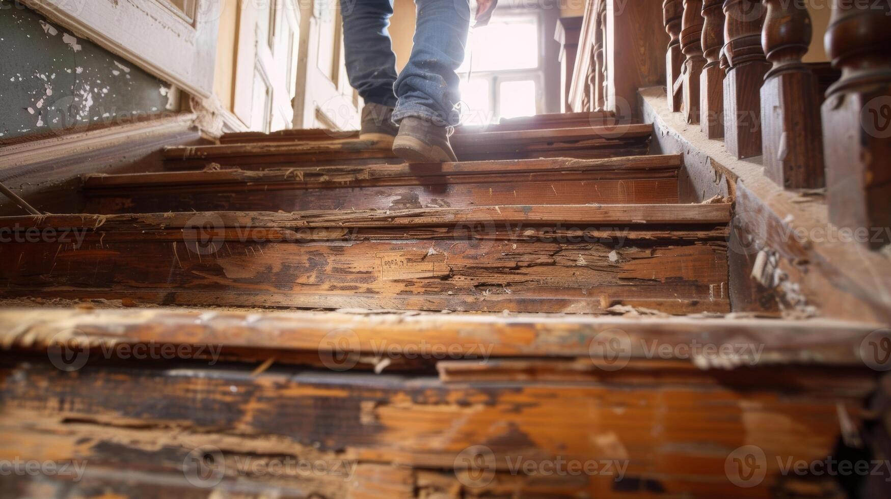 een team van conservatoren voorzichtig stroken weg lagen van verf en vernis van een houten trappenhuis onthullend de natuurlijk schoonheid van de origineel hout foto