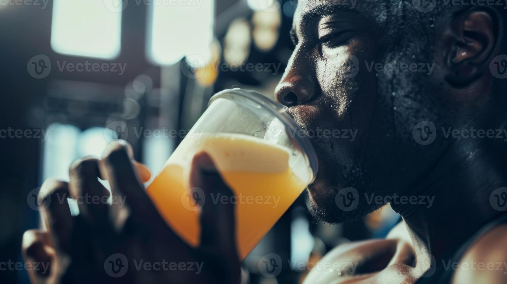 een sportschoolbezoeker nippen Aan een eiwit schudden na een rigoureus gewichtheffen sessie met de geur van vers sap wezen gemaakt in de achtergrond foto