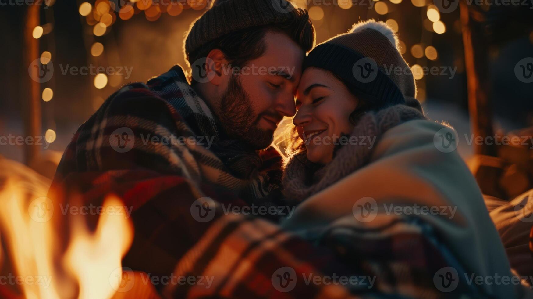 net zo de nacht lucht bochten koel de paar lekker liggen dichterbij samen onder een deken zich overgeven aan in zoet behandelt door de brand. 2d vlak tekenfilm foto