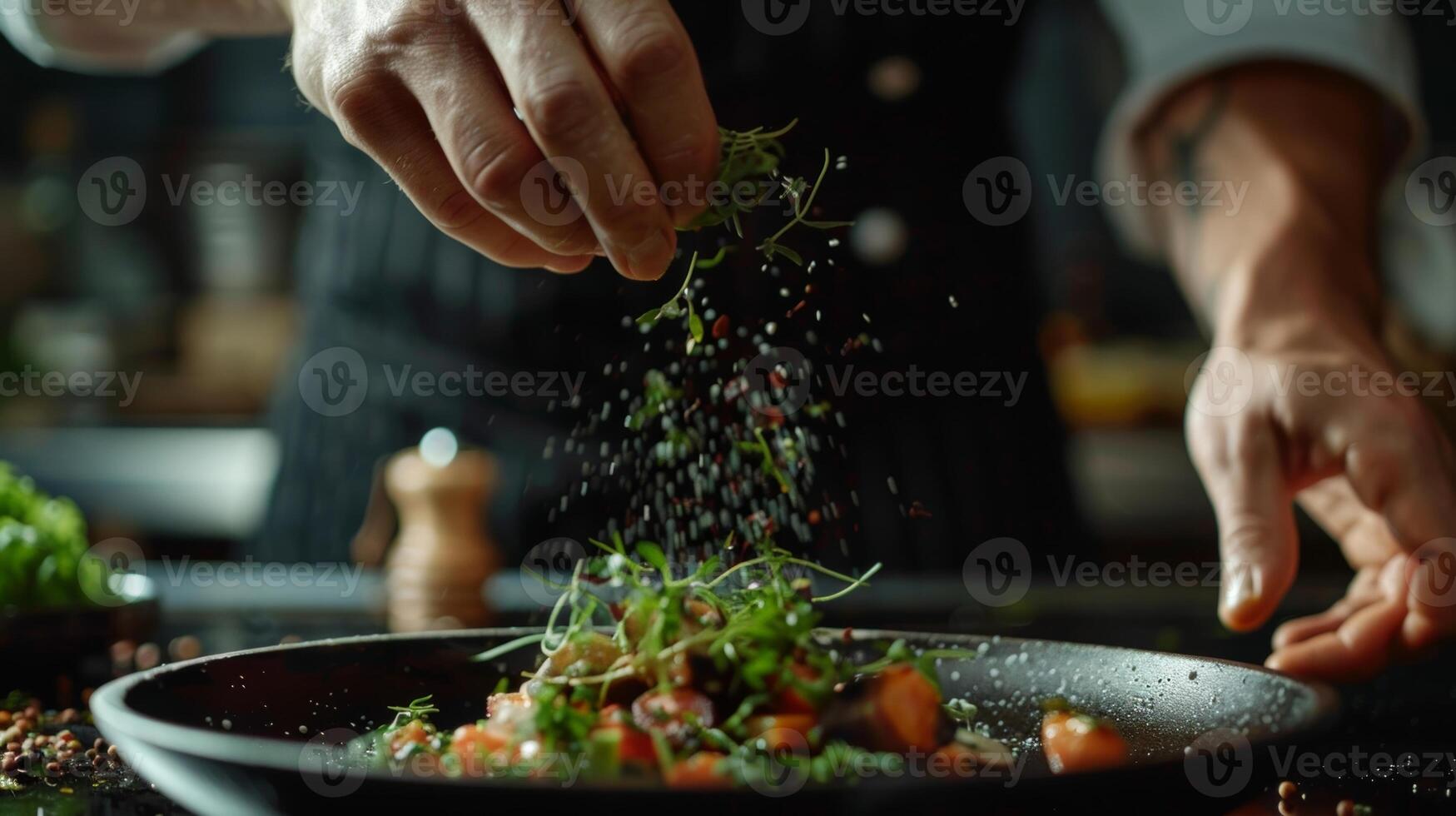 een detailopname schot van een koks handen vakkundig sprenkeling kruiden over- een schotel gevangen genomen in perfect focus foto