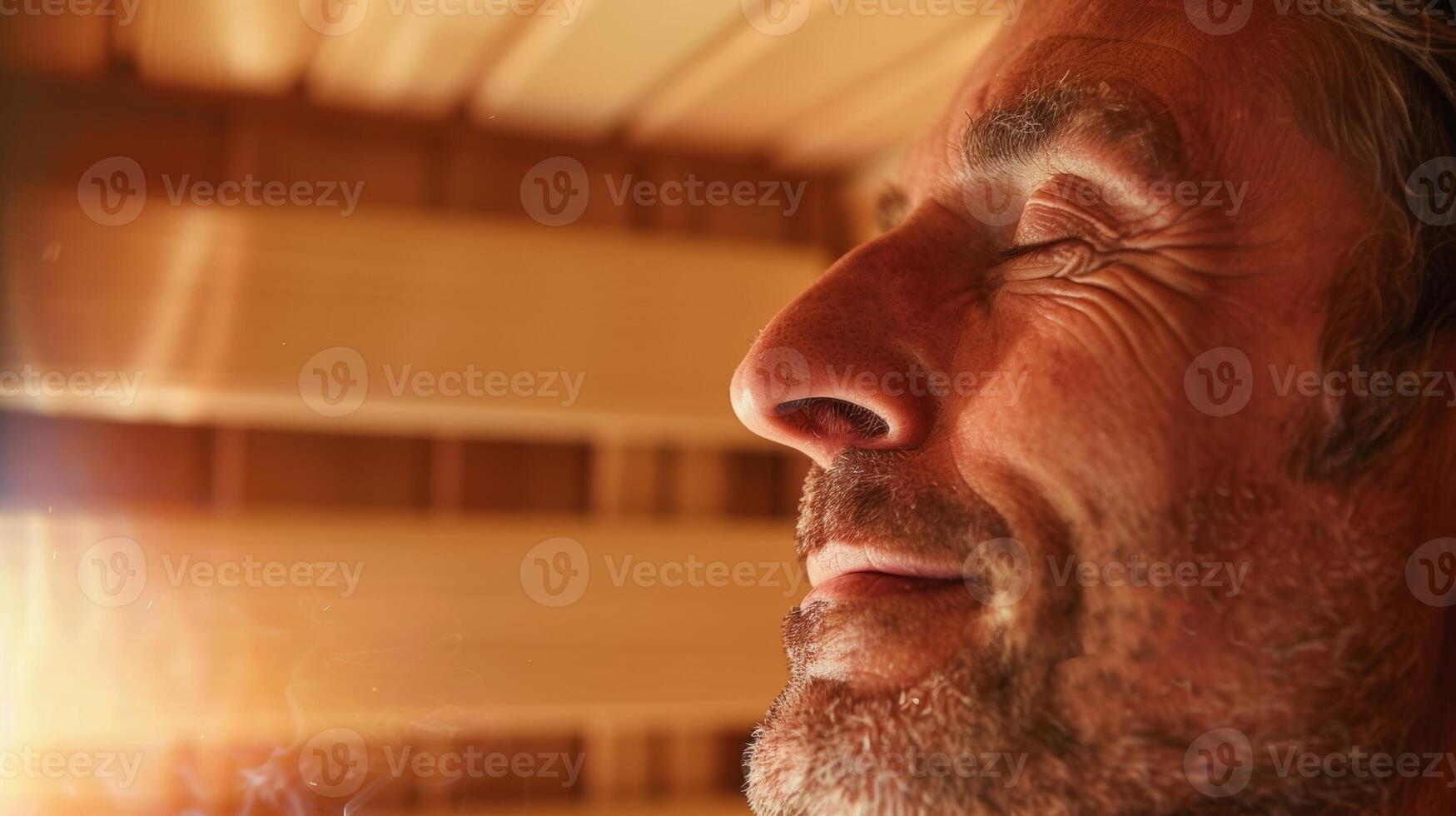 een detailopname van een personen gezicht met een vredig uitdrukking terwijl ze zitten in een sauna verwijzen hoe sauna gebruik kan verminderen spanning en balans hormoon niveaus. foto