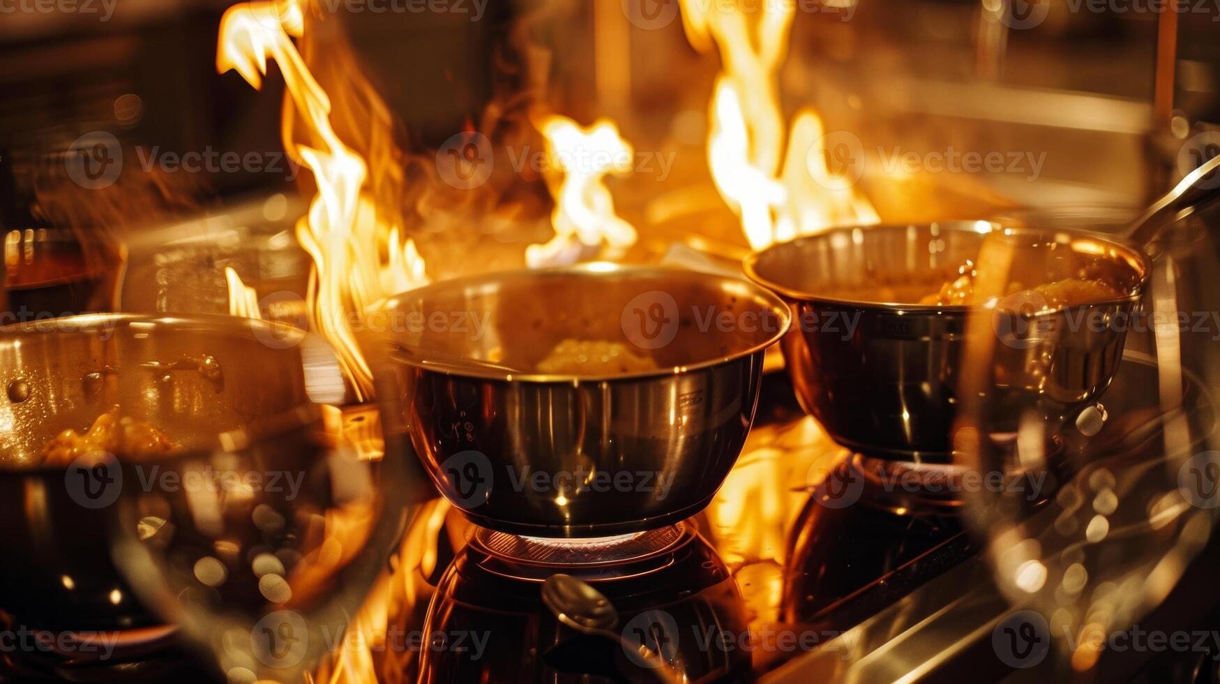 de warm gloed van de vlammen weerspiegelt uit van de zilver gereedschap en glaswerk toevoegen een tintje van elegantie naar de Koken klas. 2d vlak tekenfilm foto