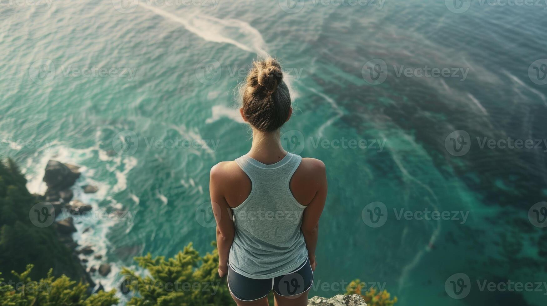 een vrouw staand Bij de rand van een klif nemen in de verbijsterend visie terwijl gebruik makend van ademen opdrachten naar vrijlating spanning en spanning foto