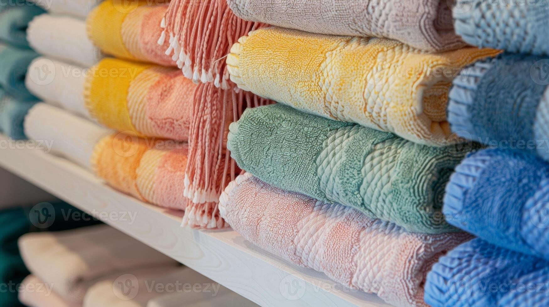 kleurrijk Turks handdoeken netjes gevouwen Aan een plank toevoegen een knal van levendigheid naar de sereen spa instelling. foto
