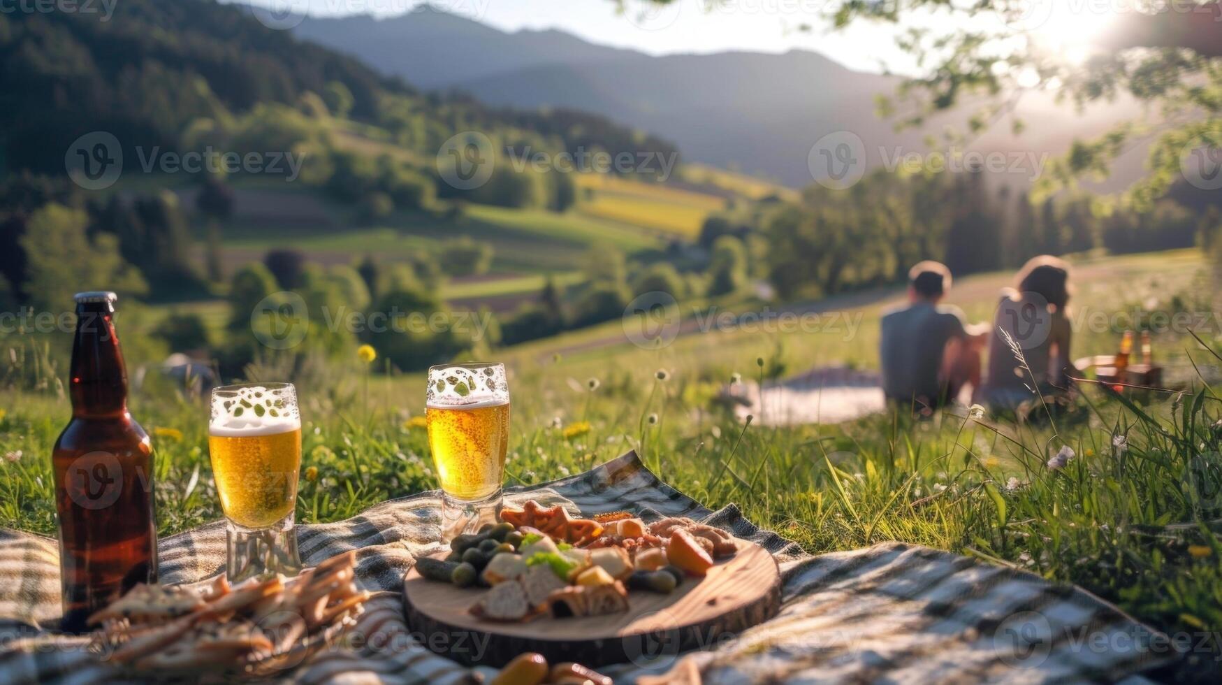 een vredig toneel- visie van een Duitse platteland met een picknick deken verspreiding uit en een paar genieten van niet alcoholisch bier en heerlijk snacks foto