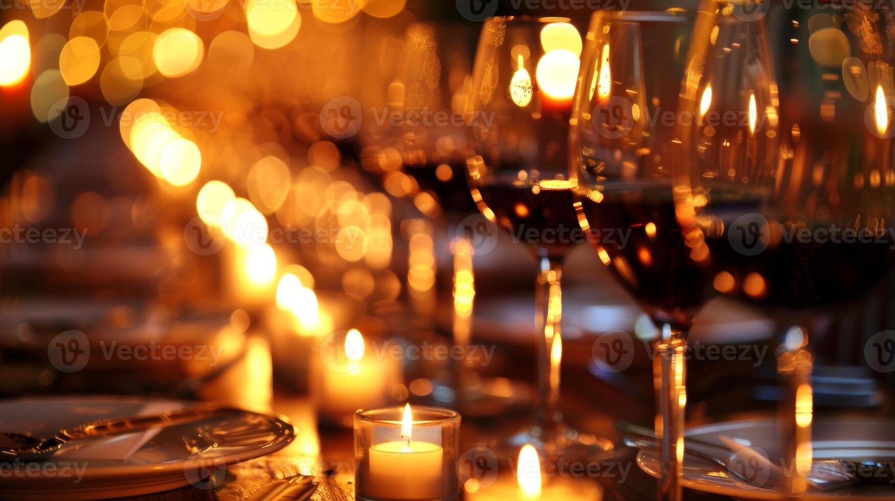 een lang elegant tafel bekleed met gloeiend kaarsen en bril van wijn is de perfect middelpunt voor de avond. 2d vlak tekenfilm foto