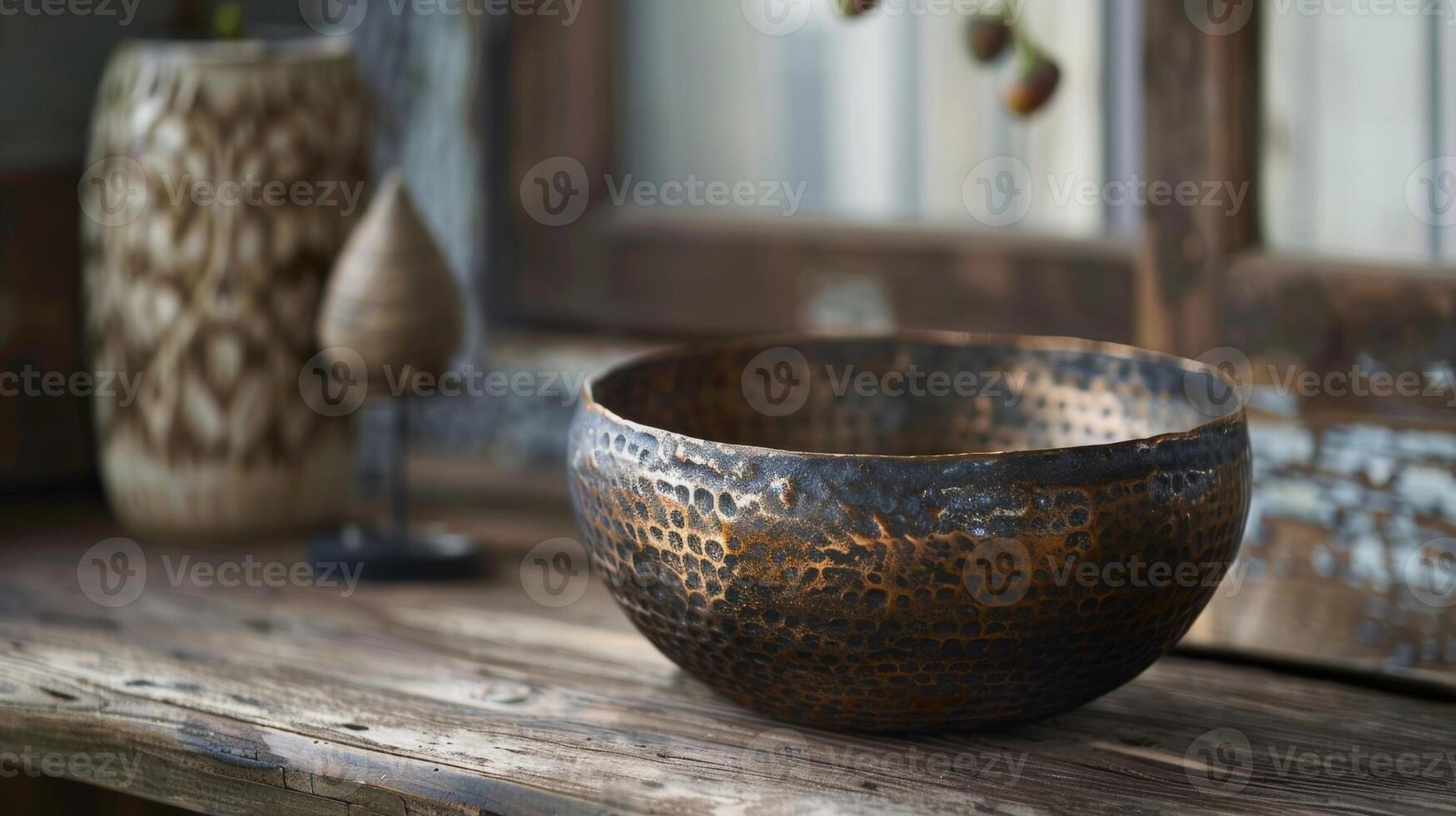 een hoekig visie van een keramisch pot met een gehamerd metaal af hebben brengen een element van rustiek charme naar de deel. foto