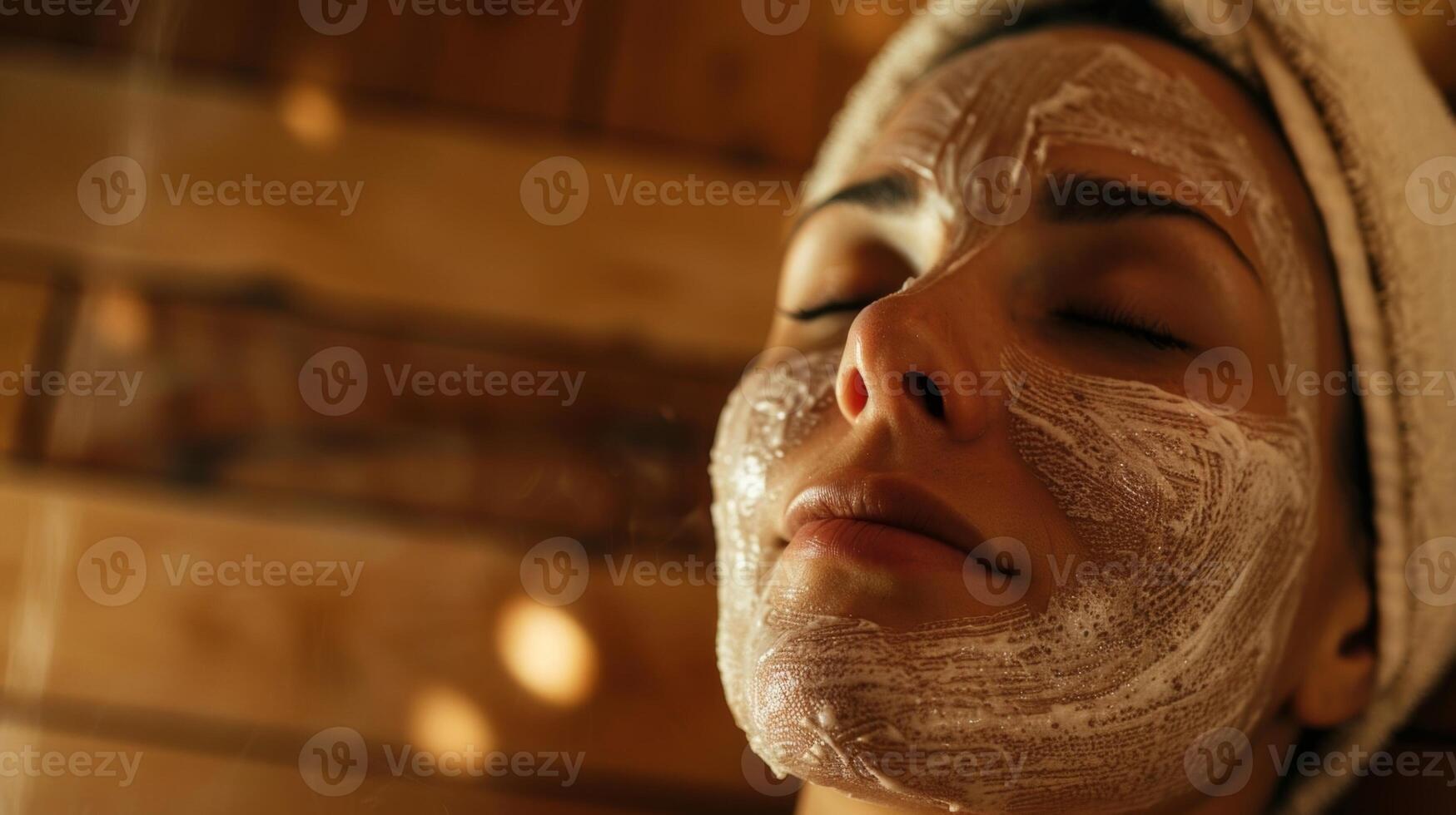 een vrouw voorzichtig is van toepassing een natuurlijk gelaats masker terwijl in een sauna nemen voordeel van de warmte naar Open omhoog haar poriën en diep reinigen haar huid. foto