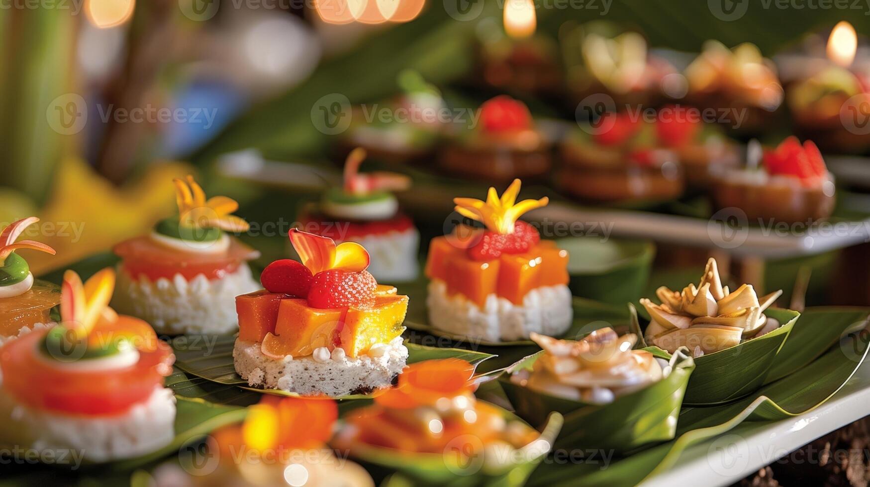 een smakelijk medley van eilandgeïnspireerd desserts creatief geserveerd Aan elegant gevouwen banaan bladeren foto