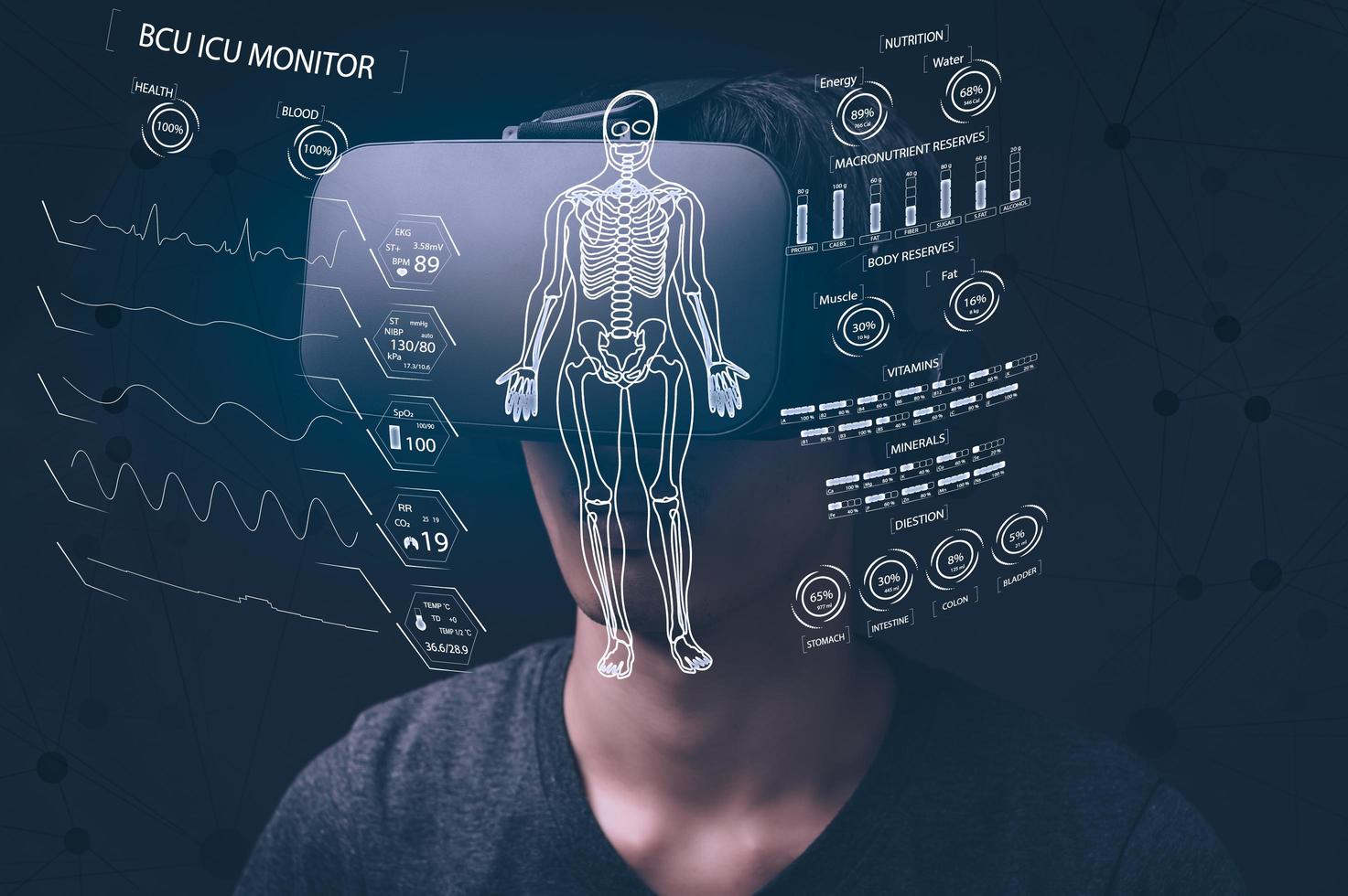 zakenman die een bril via een bril gebruikt om zakelijke grafiek vr-bril virtueel globaal te controleren foto