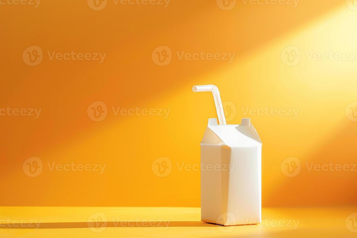 klein melk karton met een rietje, speels en jeugdig beeld tegen een zonnig geel naar oranje helling achtergrond foto