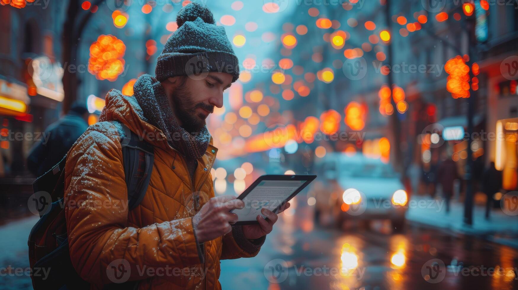 Mens Holding tablet in besneeuwd stad met levendig achtergrond lichten foto