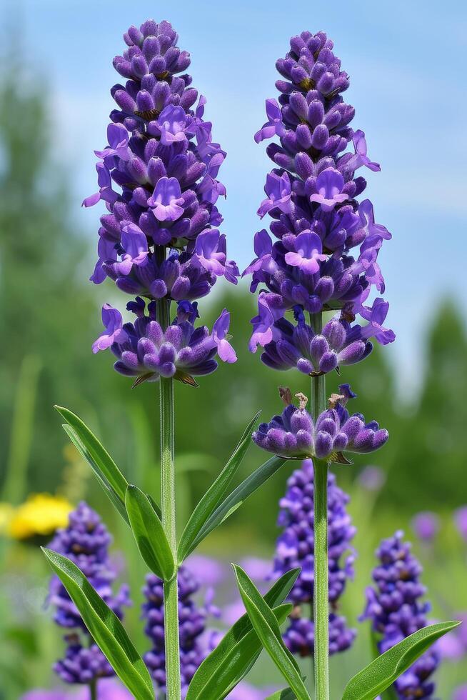 spectaculair visie van Purper lavendel velden onder een prachtig Doorzichtig en levendig blauw lucht foto