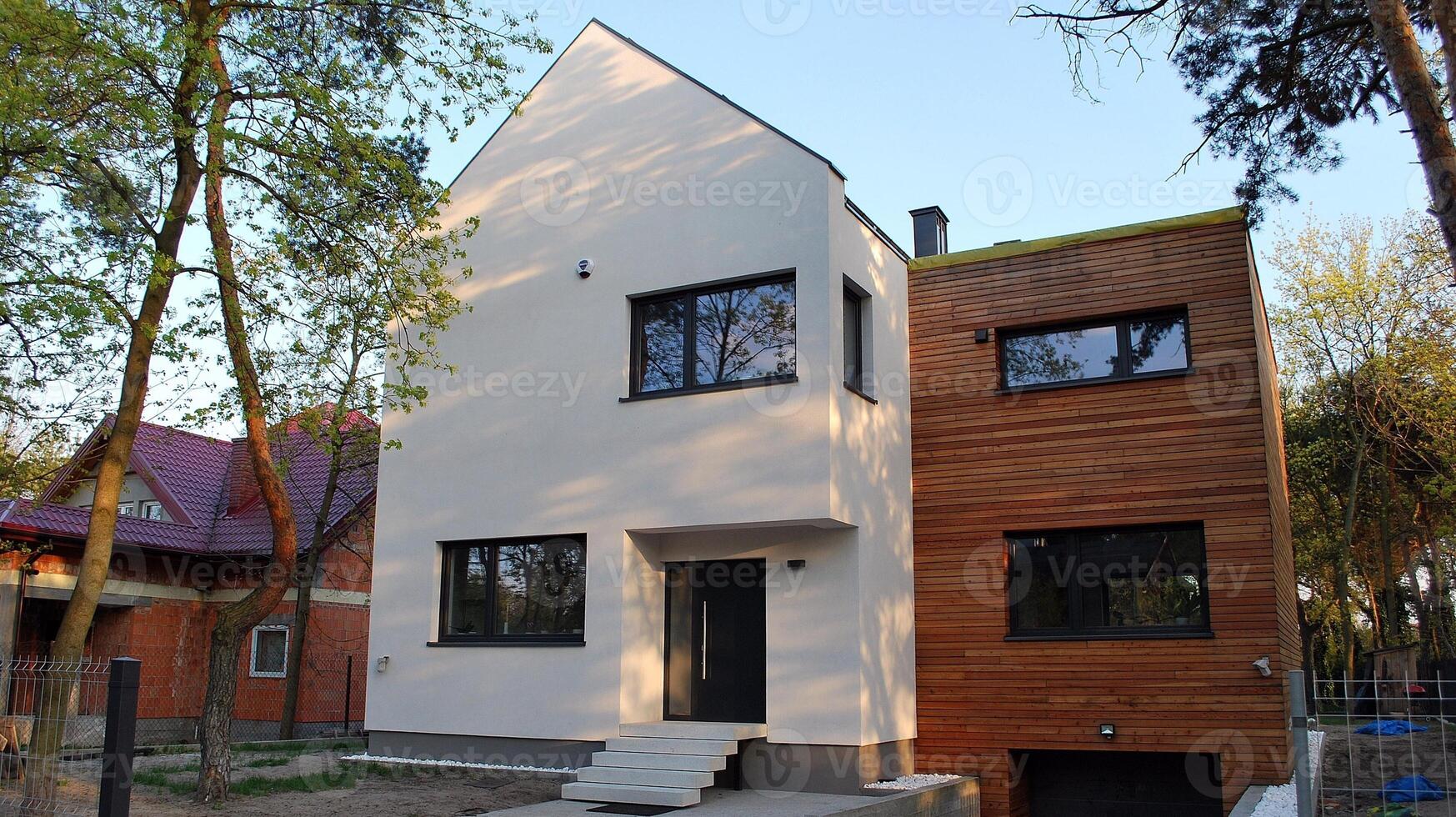 nieuw bouwen single familie huis. buitenwijk Oppervlakte met modern meetkundig familie huis. foto