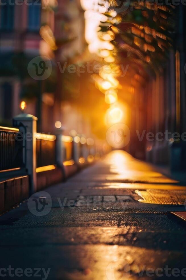 een straat met auto's geparkeerd Aan het Bij zonsondergang foto