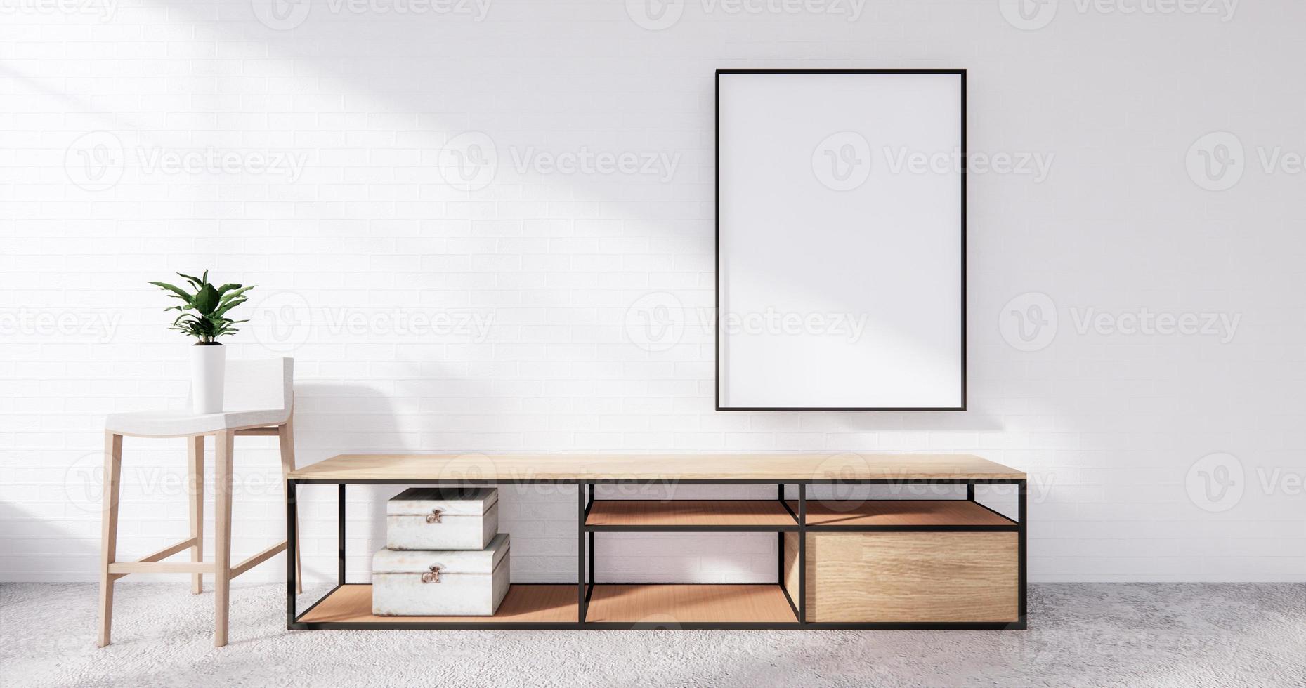 tv-kast in loft interieur witte bakstenen muur kamer minimale ontwerpen, 3D-rendering foto