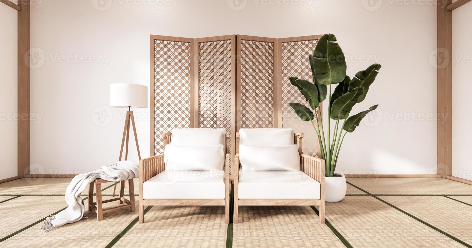 houten fauteuil en scheidingswand Japans op kamer tropisch interieur met tatami mat vloer en witte muur. 3D-rendering foto