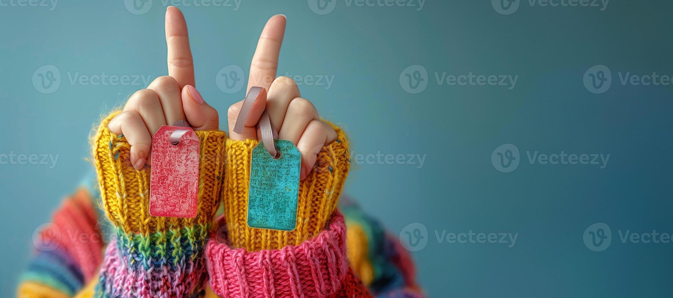 speels gebaar met kleurrijk geschenk tags Aan vingers over- blauw achtergrond, verkoop concept foto