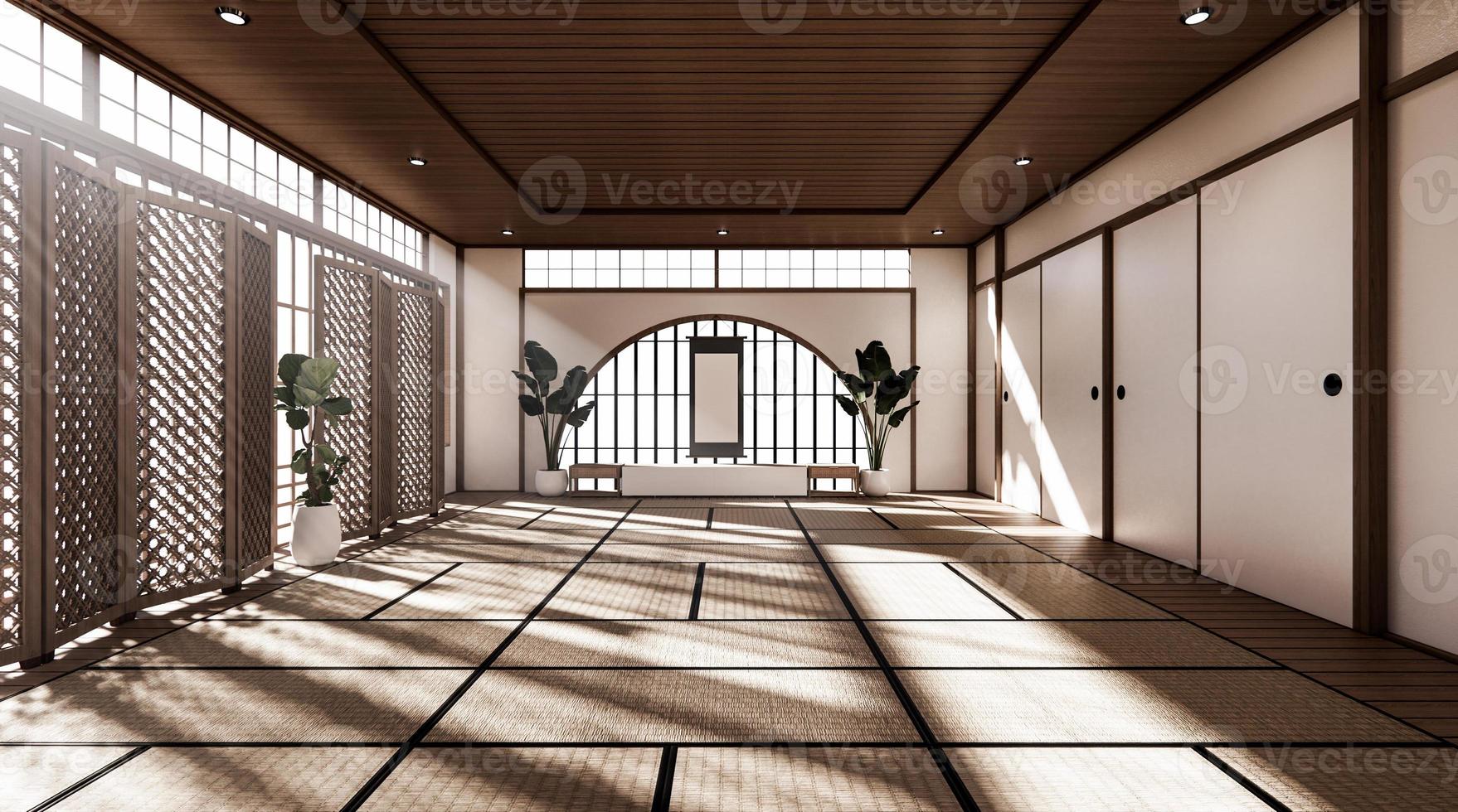 de kamer is ruim van opzet in de Japanse stijl en licht in natuurlijke tinten. 3D-rendering foto