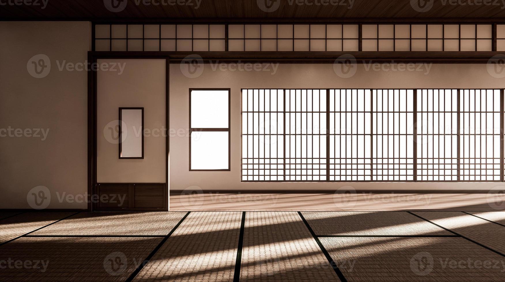 de kamer is ruim van opzet in de Japanse stijl en licht in natuurlijke tinten. 3D-rendering foto