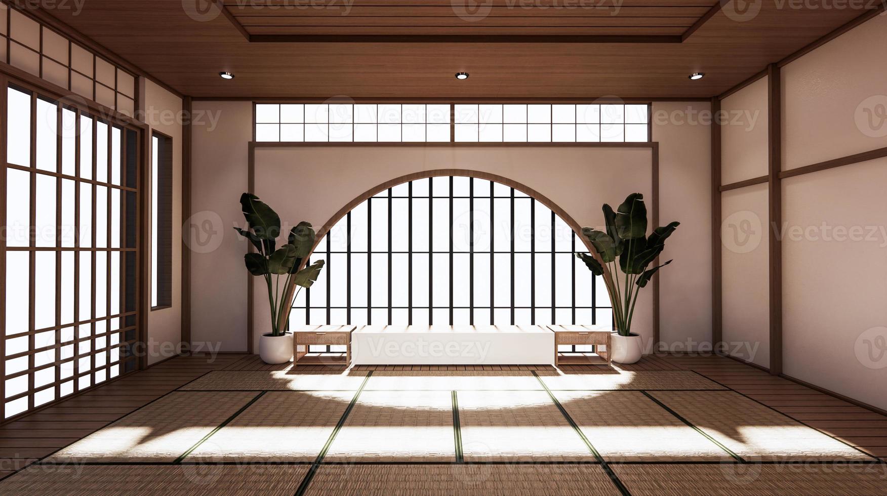 de kamer is ruim van opzet in de Japanse stijl en licht in natuurlijke tinten. 3D-rendering foto