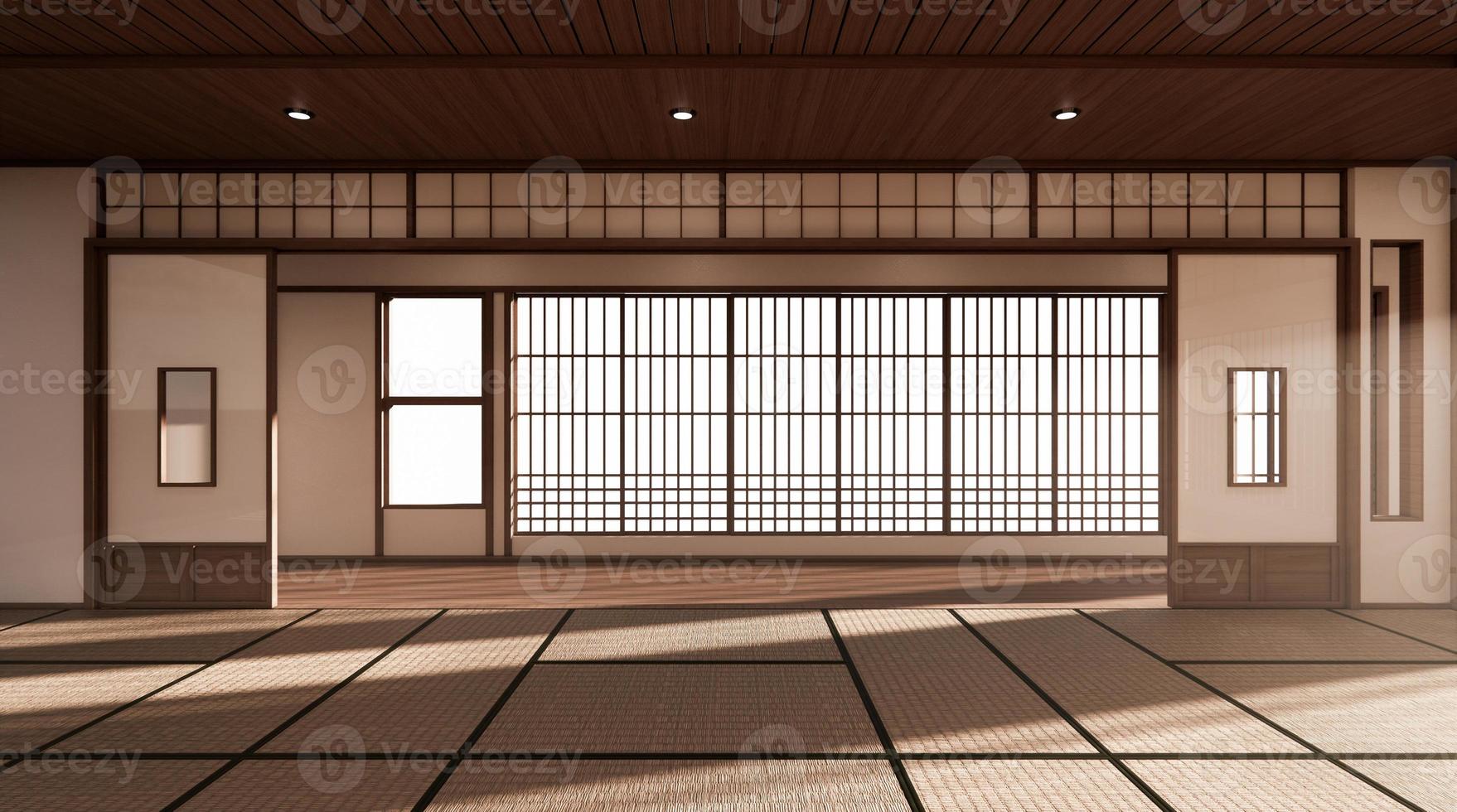 de kamer is ruim van opzet in de Japanse stijl en licht in natuurlijke tinten. 3D-rendering foto