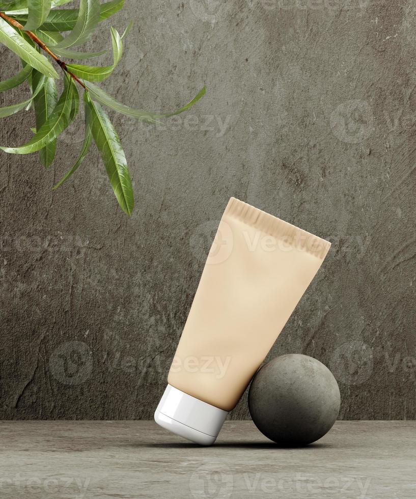 presentatiesjabloon voor natuurlijk cosmetisch product. grijze stenen en palmbladschaduw blanco cosmetische pot. witte achtergrond. 3D illustratie inhoud foto