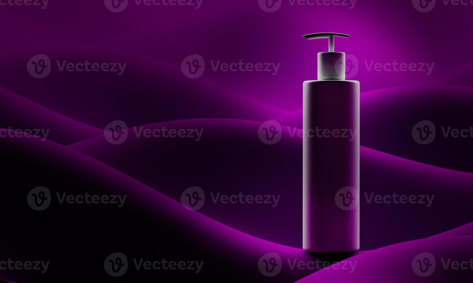 realistische fles 3d illustratie. zeep pomp op achtergrond kleur abstracte golven. cosmetische flacon wens shampoo, gel. sjabloon voor cosmetische zaken, reclame, promotie, aanbieding. foto