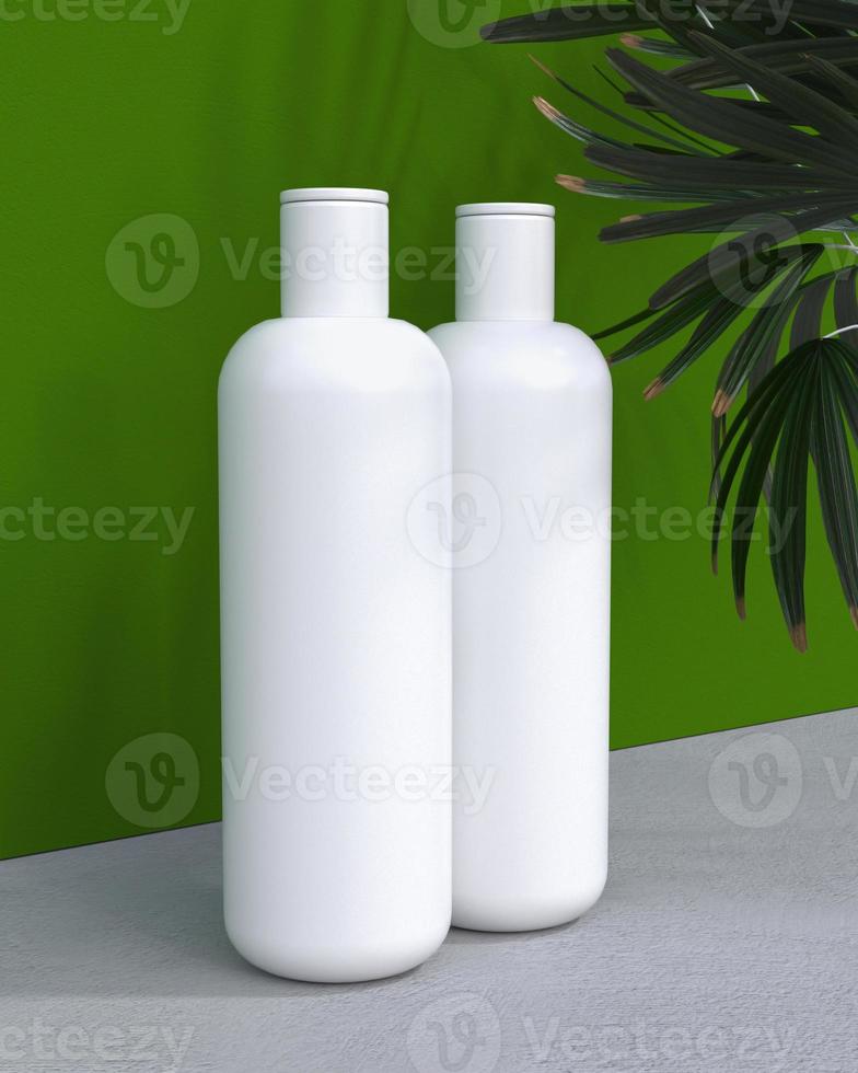 natuurlijke cosmetische crème of shampoo, serum, huidverzorging blanco flesverpakking met bladerenkruid. biologisch biologisch product. schoonheid en spa-concept. 3d illustratie foto