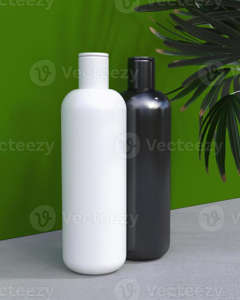natuurlijke cosmetische crème of shampoo, serum, huidverzorging blanco flesverpakking met bladerenkruid. biologisch biologisch product. schoonheid en spa-concept. 3d illustratie foto