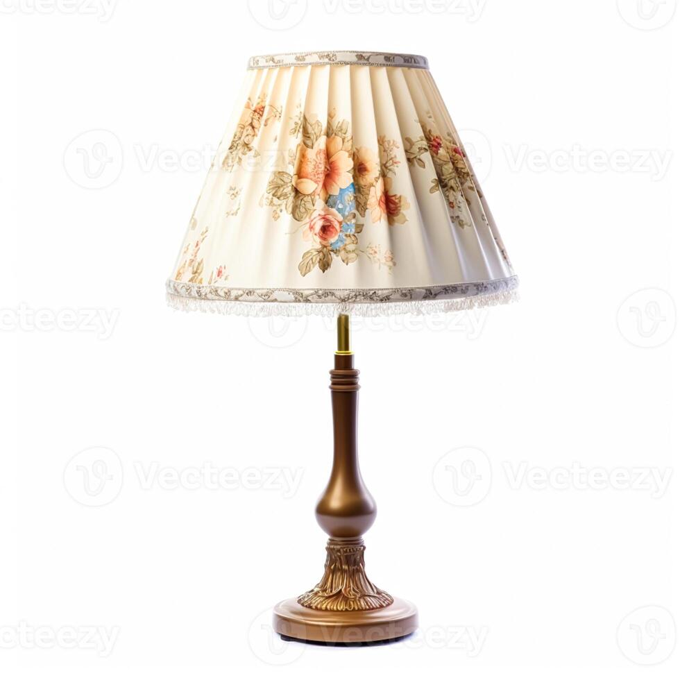 wijnoogst land stijl antiek tafel lamp met een mooi lampenkap ontwerp geïsoleerd Aan wit achtergrond, interieur ontwerp en huisje huis decor, nabewerkt, foto