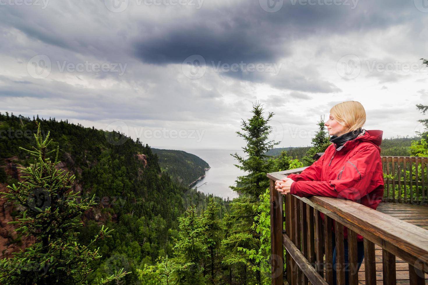 jonge vrouw kijkt naar de prachtige natuur vanaf een uitkijktoren foto