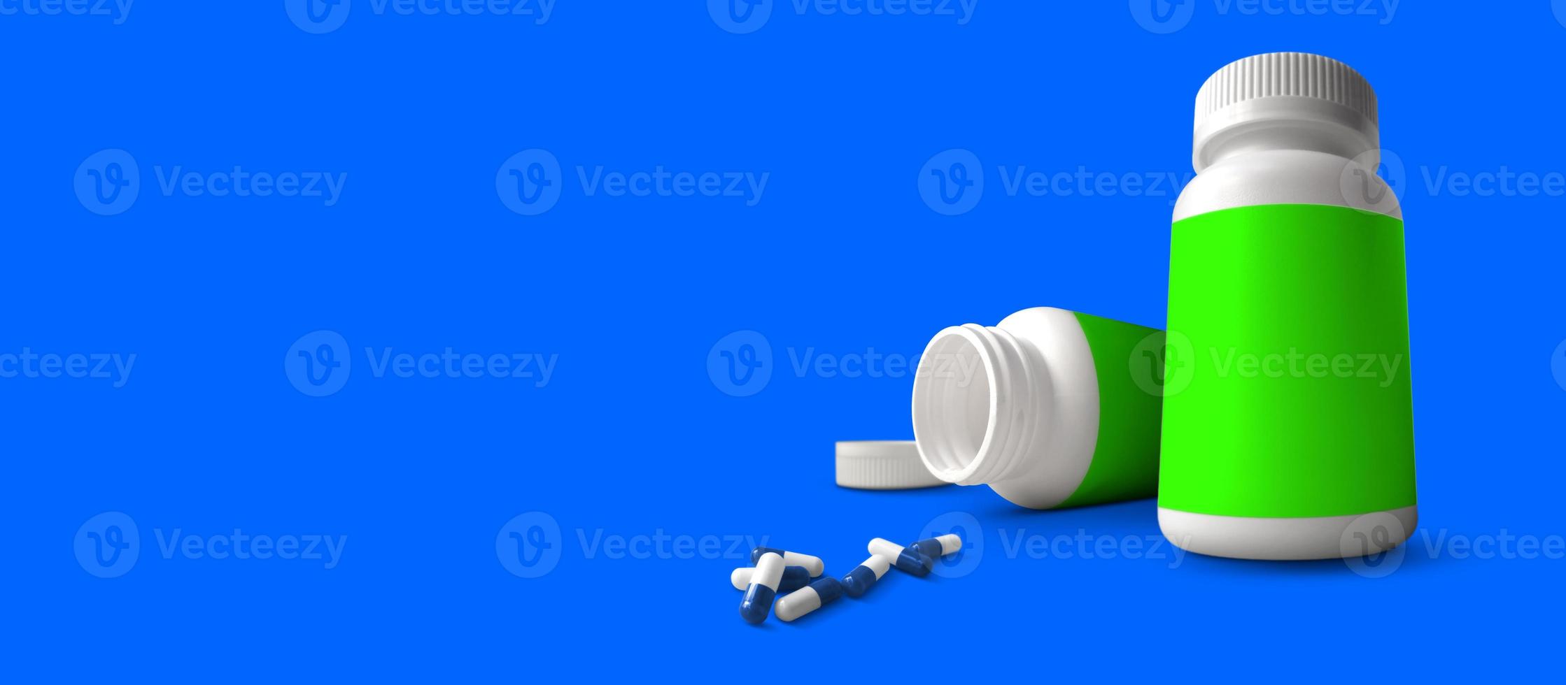 pot met medische capsules, tabletten, pillen, gels of snoep. 3D-rendering. geschikt voor uw ontwerpelement. geïsoleerd op blauwe achtergrond. foto