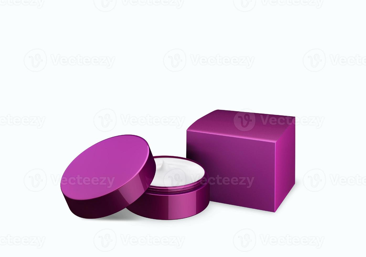 lege diep lila parelmoer cosmetische pot mock up op witte achtergrond met uitstrijkje crème in vooraanzicht hoek, 3d illustratie foto
