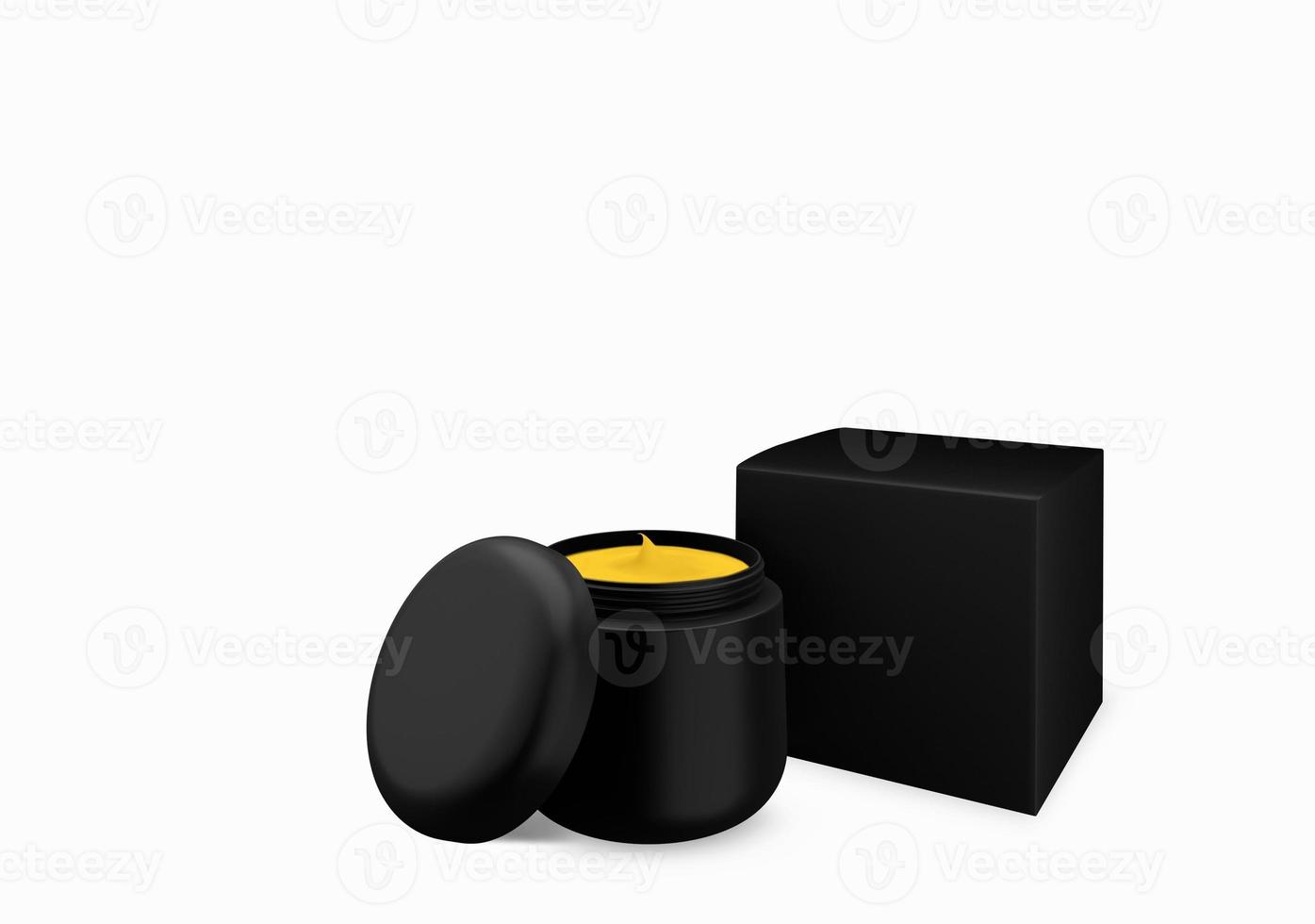 lege zwarte matte cosmetische pot mock up op witte achtergrond met uitstrijkje crème in vooraanzicht hoek, 3d illustratie foto
