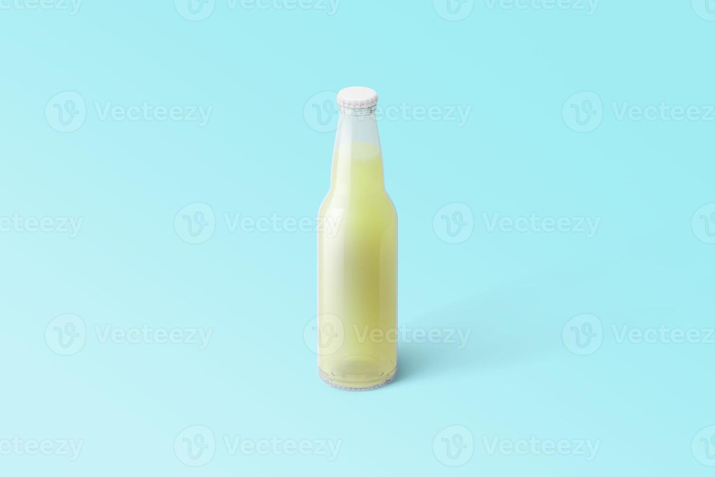 verschillende fruit frisdrank fles, non-alcoholische drank met waterdruppels geïsoleerd op toscha achtergrond. 3D-rendering, geschikt voor uw ontwerpproject. foto