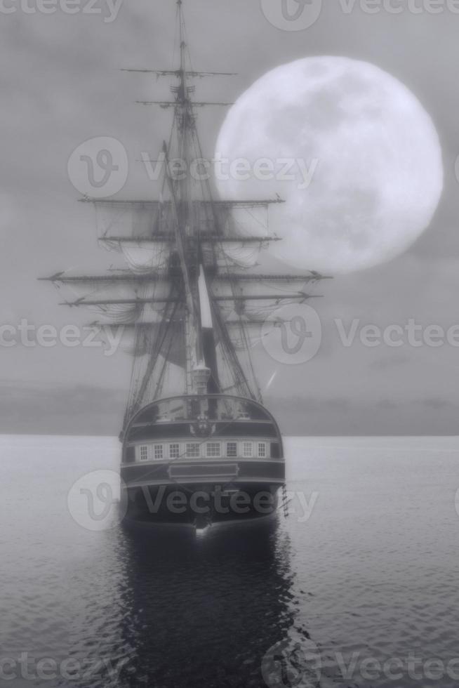 oud schip op zee volle maan illustratie 3D-rendering foto