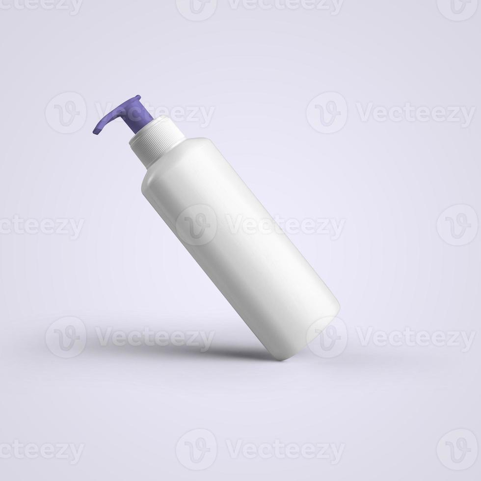 3D-rendering lege witte cosmetische plastic fles met paarse dispenser geïsoleerd op een grijze achtergrond. geschikt voor uw mockup-ontwerp. foto