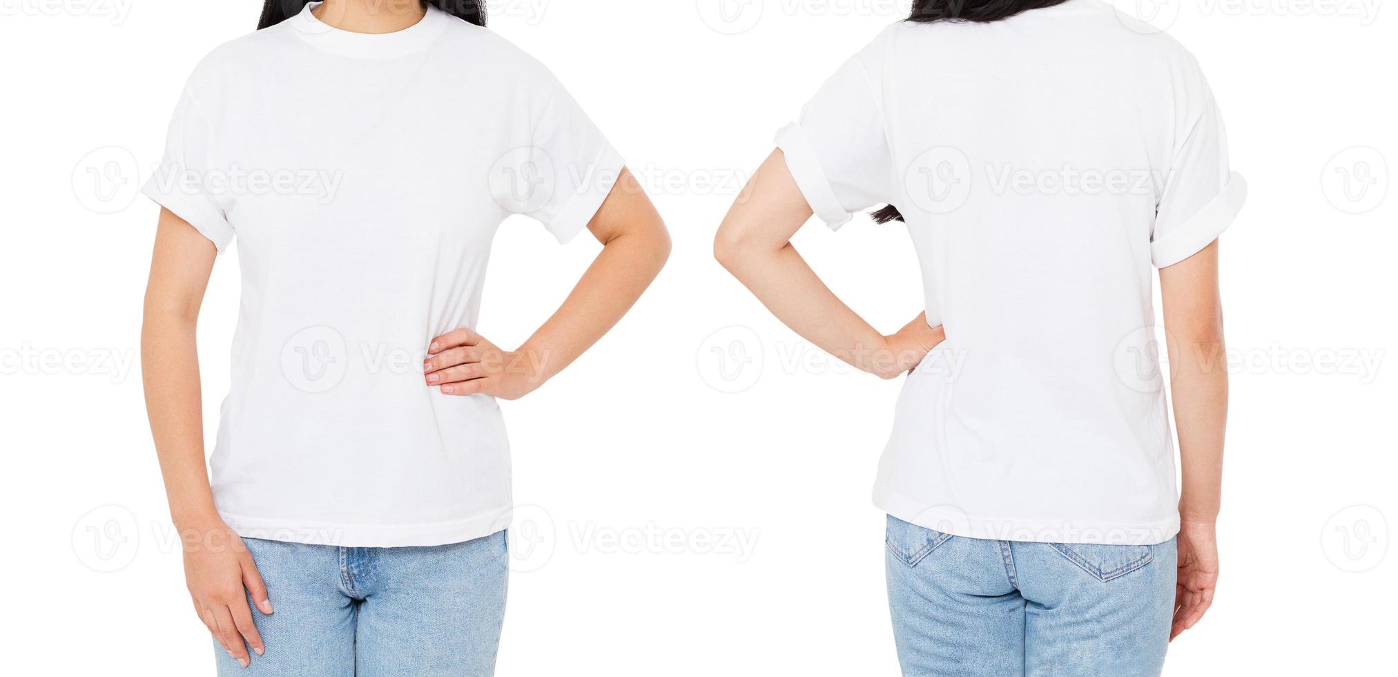 voorkant achterkant weergaven vrouw in t-shirt geïsoleerd op een witte achtergrond, mock-up voor ontwerp. ruimte kopiëren. sjabloon. blank foto