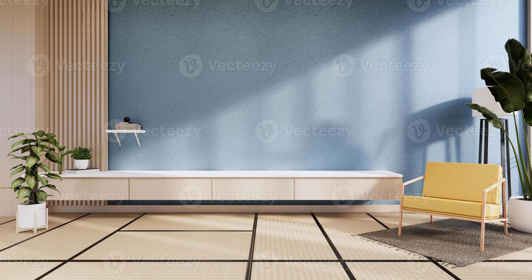 blauwe kleur kamer design interieur met deur papier en kast plank muur op tatami mat vloer kamer japanse stijl. 3D-rendering foto