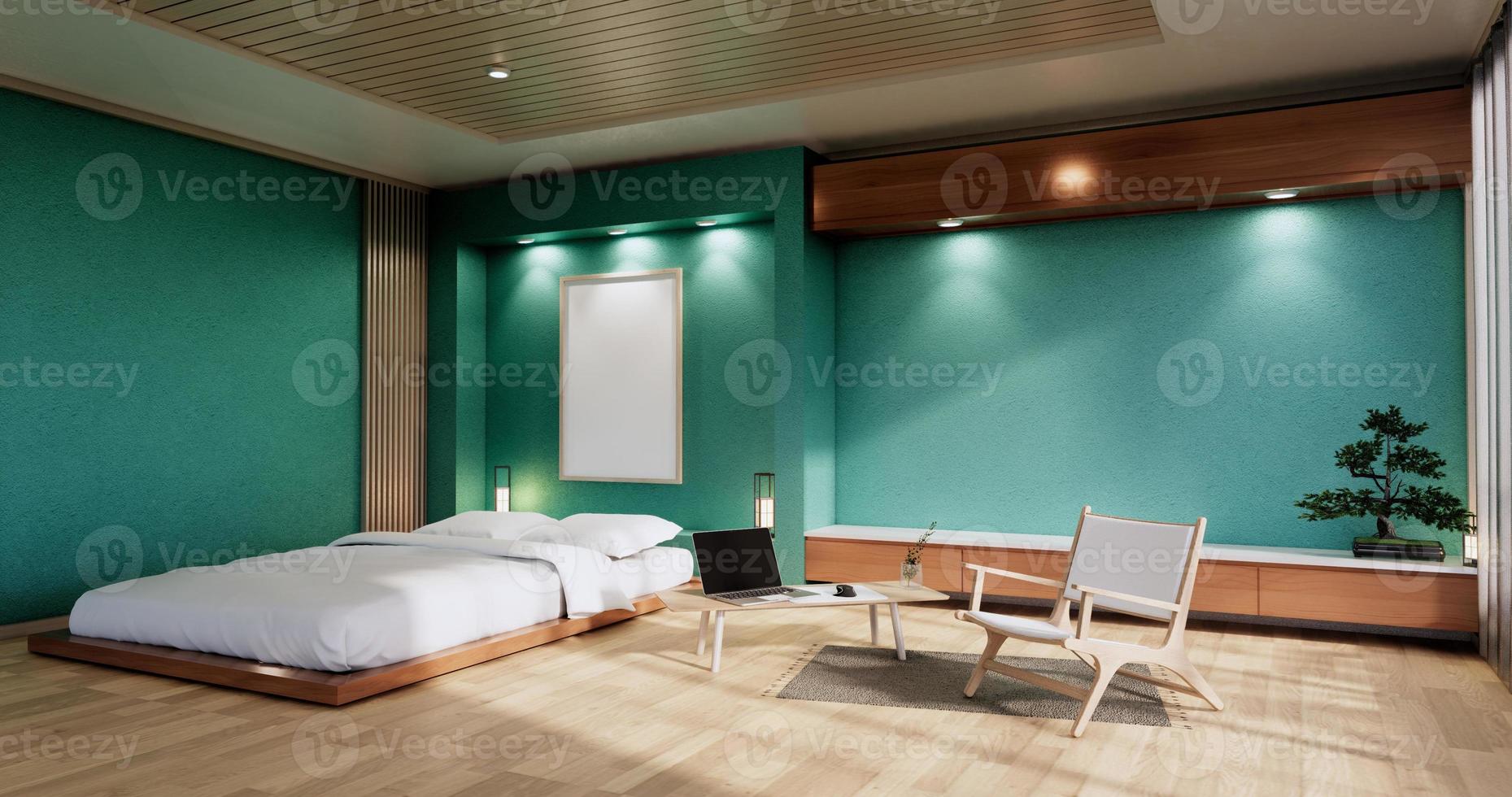 interieur mock up met zen bed plant en decoratie in japanse mint slaapkamer. 3D-rendering. foto